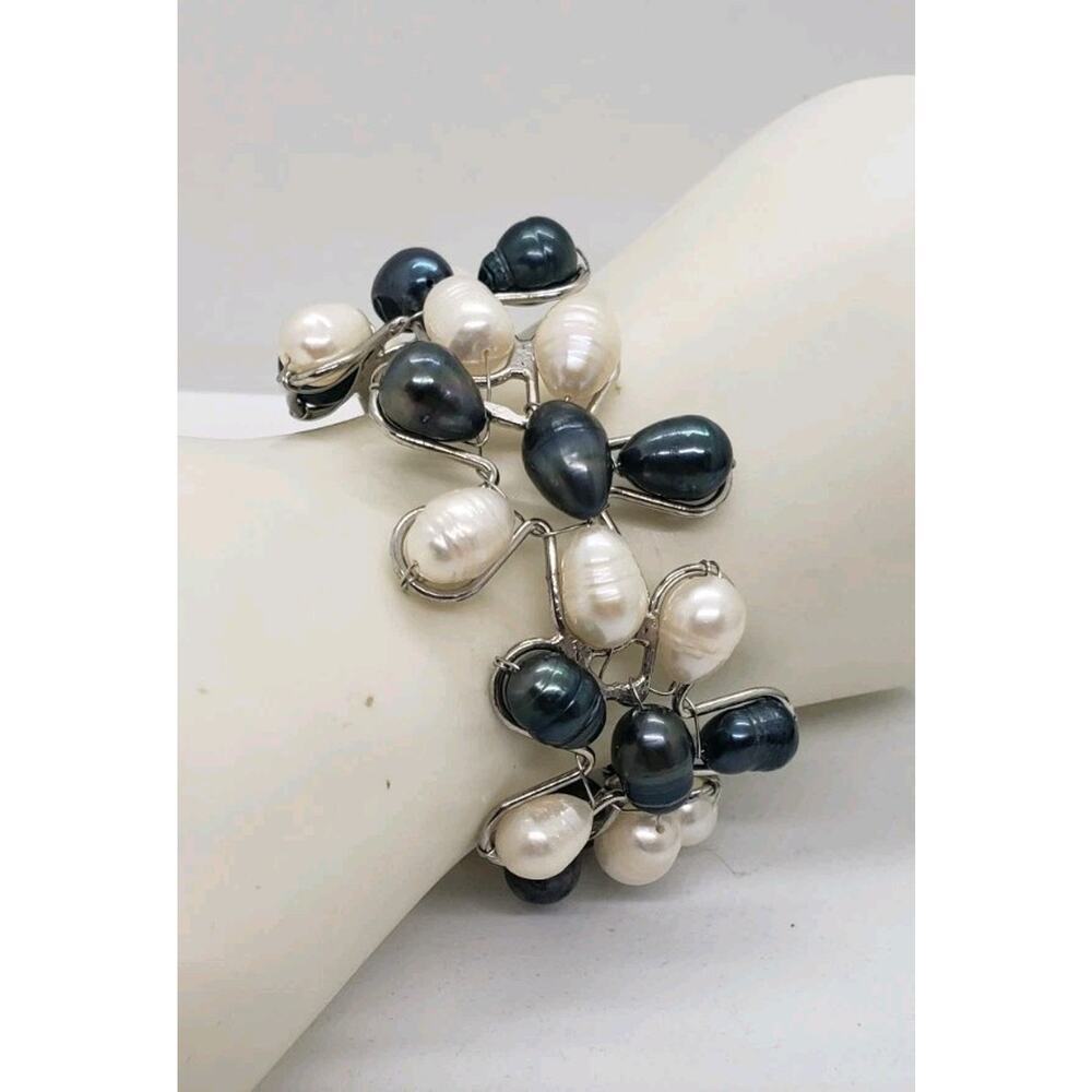 Sterling Silver & Genuine Pearl Multicolored Daisy Flower Wide Cuff Bracelet